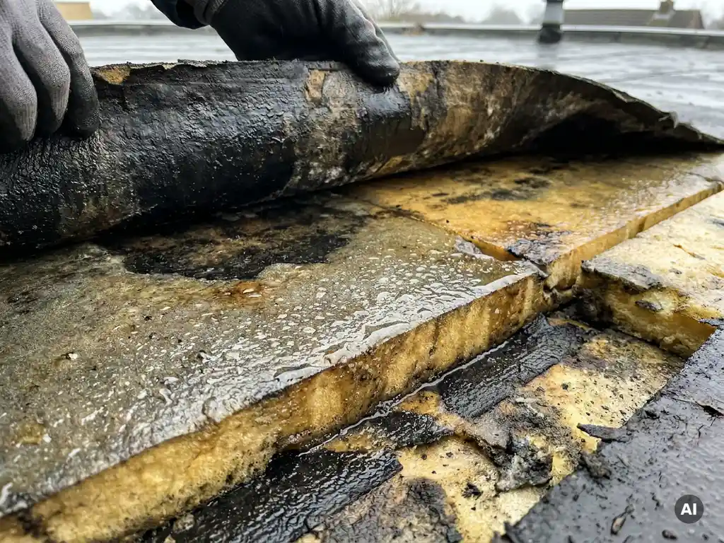 Opgekruld dakbedekking onthult doorweekte isolatieplaten met zichtbaar vocht en waterdruppels op het verzadigde schuimoppervlak.