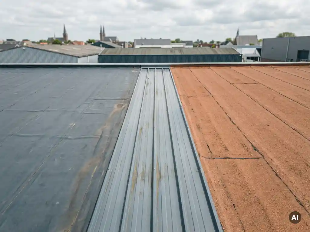 Commercieel plat dak met EPDM-rubber, metalen dakbedekking en bitumen rollen onder bewolkte Nederlandse lucht.