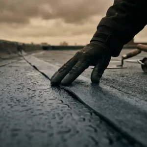 Gehandschoende hand die een membraannaad op een gerenoveerd plat dak inspecteert, met waterdruppels op donker bitumen.