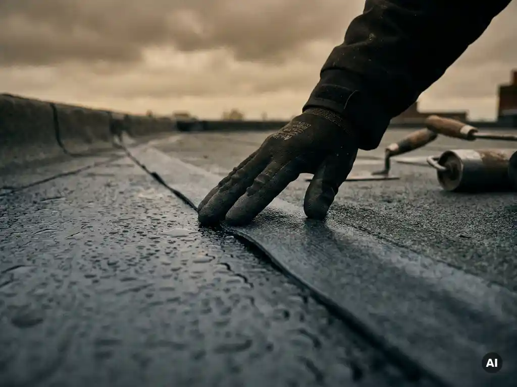 Gehandschoende hand die een membraannaad op een gerenoveerd plat dak inspecteert, met waterdruppels op donker bitumen.