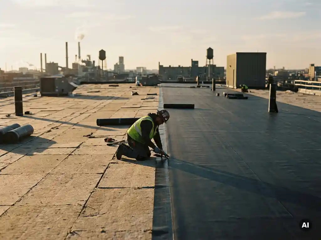Dakdekker knielt op commercieel plat dak tijdens renovatie, met contrast tussen kale isolatieplaten en nieuw gelegd donker dakfolie, industriële skyline op achtergrond.