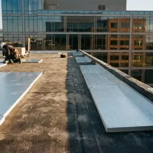 Plat dak in renovatie met nieuwe zilveren isolatiepanelen naast verweerde membraanlaag, kantoorgebouw op achtergrond.
