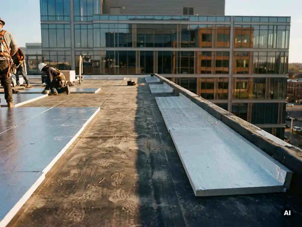 Plat dak in renovatie met nieuwe zilveren isolatiepanelen naast verweerde membraanlaag, kantoorgebouw op achtergrond.