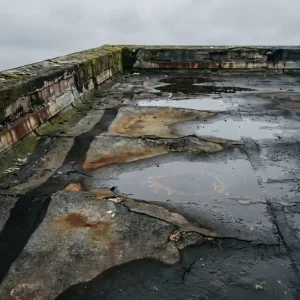 Verweerd plat dak met gebarsten bitumenmembraan, opbollende lagen, waterplassen en mos langs de randen onder bewolkte lucht.
