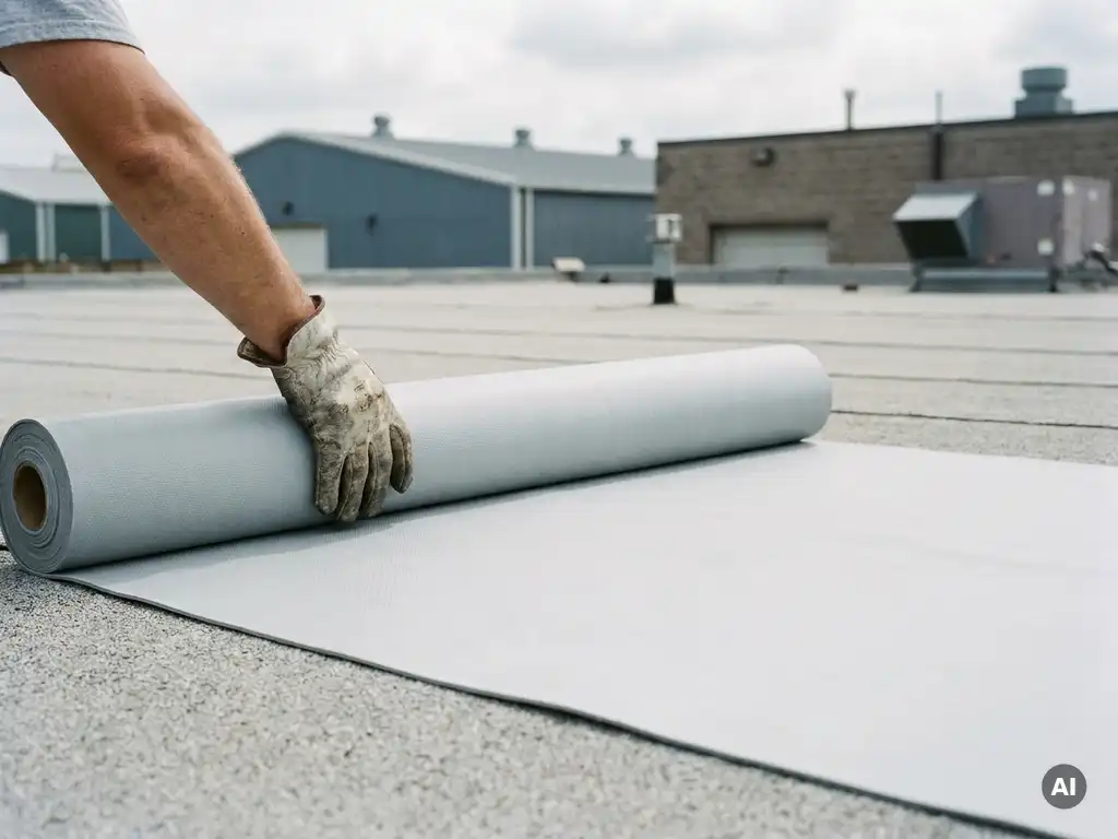 Roofer rolt lichtgrijze PVC dakmembraan uit op plat commercieel dak, hand drukt rand stevig vast.