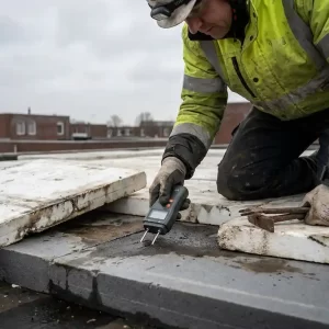 Dakspecialist meet vochtigheid in grijs schuimisolatie van plat dak met vochtmeter, bewolkte lucht op achtergrond.
