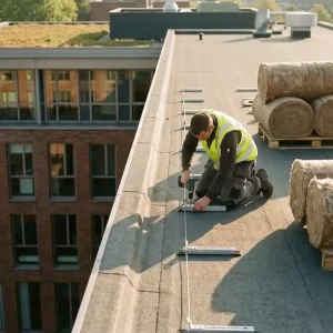 Dakdekker installeert zonnepaneelbeugels op gerenoveerd plat dak, met duurzaam isolatiemateriaal en Nederlands bedrijfspand op de achtergrond.
