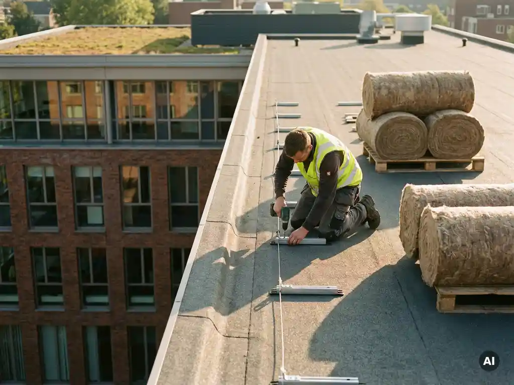 Dakdekker installeert zonnepaneelbeugels op gerenoveerd plat dak, met duurzaam isolatiemateriaal en Nederlands bedrijfspand op de achtergrond.