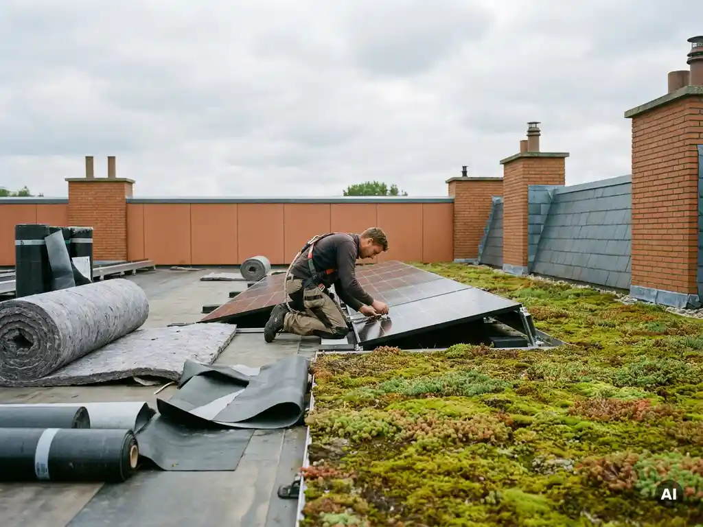 Dakdekker installeert zonnepanelen op een plat commercieel dak met sedum begroeide laag, isolatiemateriaal zichtbaar op bewolkte dag.